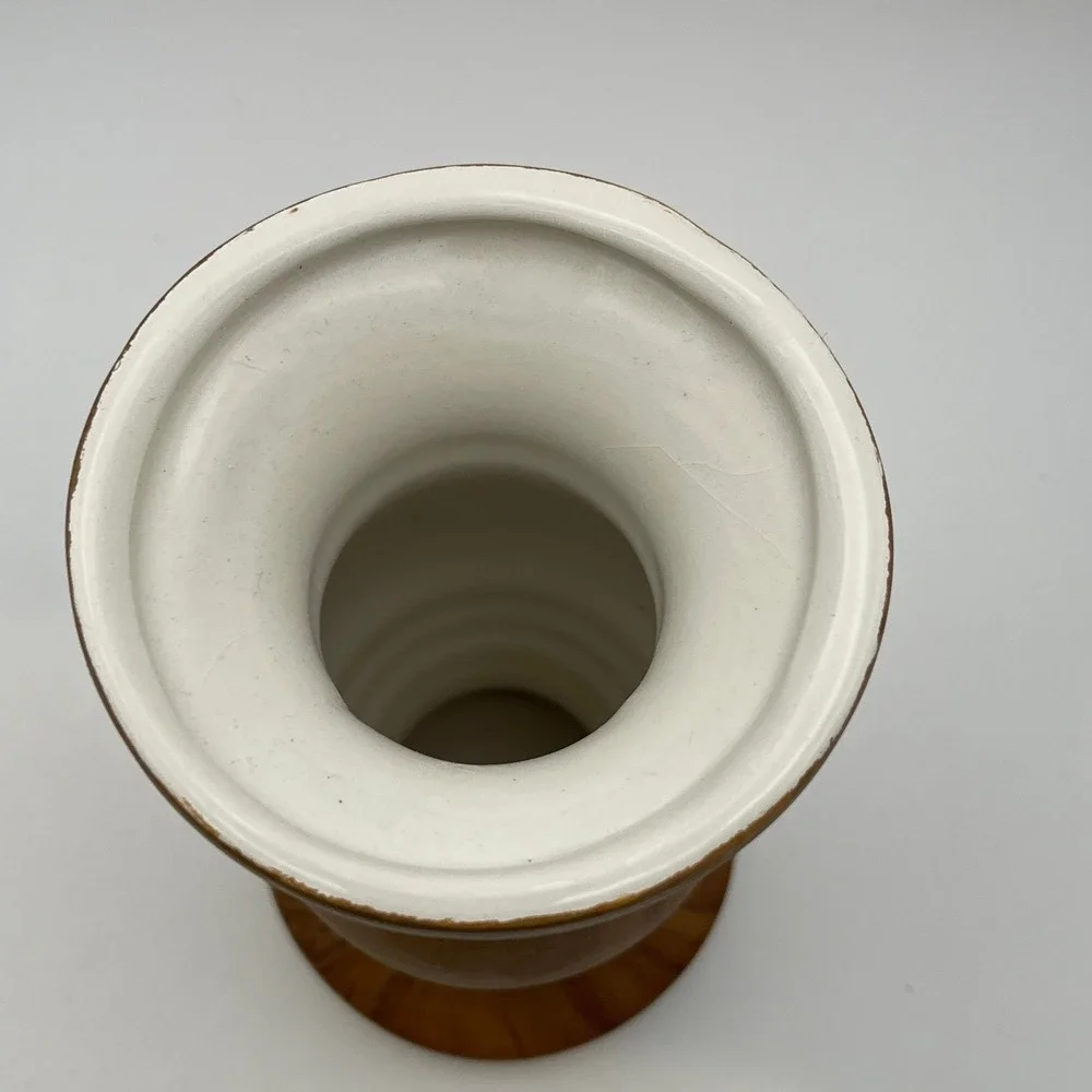 Rustic Ceramic Faux Wood Grain Urn Vase Candle Holder Brown White 7 Inch Decor